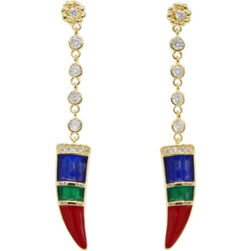 Bohemian summer rainbow enamel horn flower long chain drop earring for girls women CZ beautiful tassel nice jewelry in gold gift