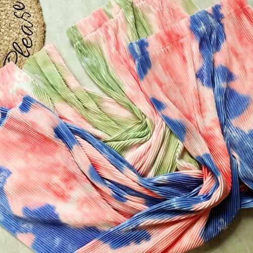 Women Summer Wide Leg Pants High Waist Tie Dye Peach Pink Color Pleated Long Pants Elastic Waist Bend Casual Striaght Trousers