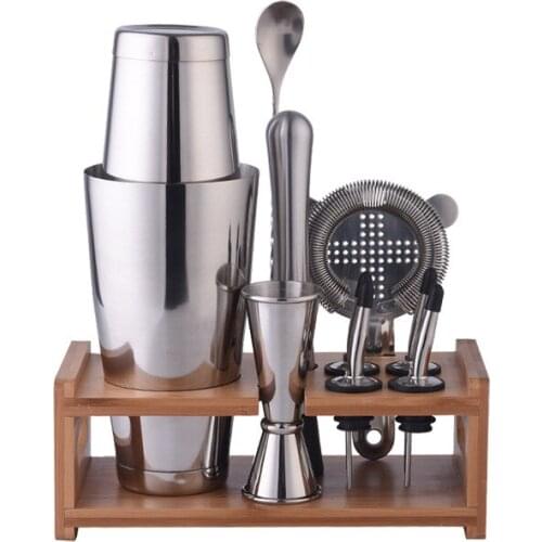 Wooden Rack Wine Set Shaker Set 800ml Stainless Steel Boston Shaker Bar Cocktail Mixing Glasses