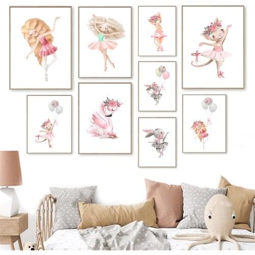 Baby Ballerina Girl Swan Princess Wall Art Canvas Painting Rabbit Balloon Canvas Painting Dance Art Print Nordic Kids Room Decor