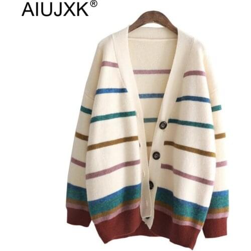 AIUJXK Autumn 2019 Fashion Rainbow Striped Cardigan Women Loose Casual Knitting Sweaters Winter Warm Female Korean Style Coat