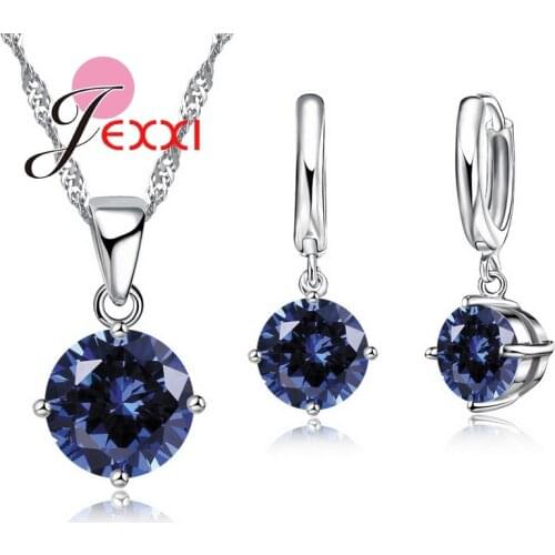 8 Colors Top Quality 925 Sterling Silver Wedding Jewelry Sets For Bridal CZ Crystal Charm Pendant Necklace Hoop Earrings