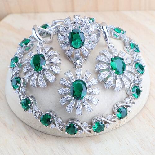 Women Bridal Jewelry Sets 925 Sterling Silver Green Zircon Wedding Jewerly Earrings Rings Stones Bracelets Pendant Necklace Set