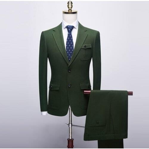 Mens Business 3 Pieces Suits Green Wool Retro Classic Herringbone Pattern Groom Tweed Tuxedos for Wedding (Blazer+Pants+Vest)