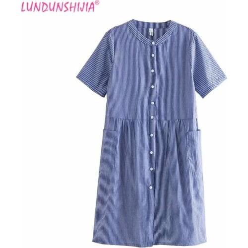 LUNDUNSHIJIA Blue Stripe Shirt Dress 2019 Summer Cotton Loose Pockets Dresses Casual Women A-line Dress Vestidos