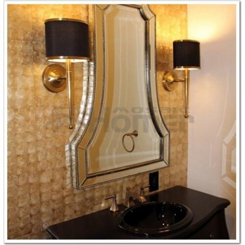 Luxury golden capiz tiles mesh backing 300x300mm golden mother of pearl tiles for powder room wall bedroom and living room wall