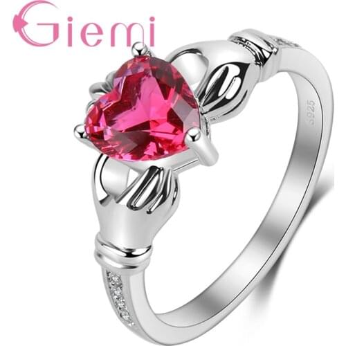 Luxury Women Love Heart Finger Rings Clear Red Crystal Jewelry Pure Silver Color Female Jewelry Free Shipping
