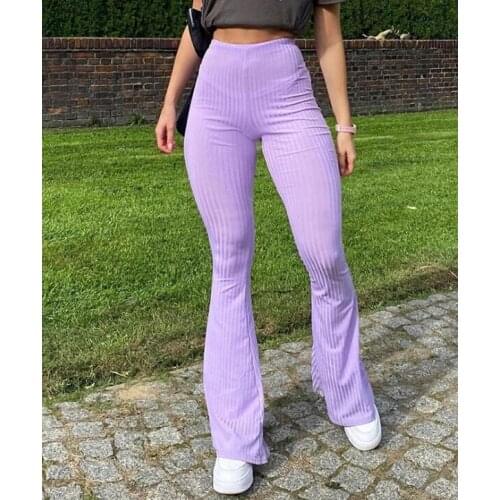 Y2K Aesthetic Ribbed Knitted Flare Pants Women Slim High Waist Long Trousers Laides Purple Sweatpants 90s Female Vintage Clothes