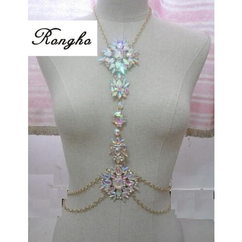 Women Sexy Rainbow Crystal Body chain jewelry Waist crossover Bikini beach Belly chain Fashion long flower Pendant necklace 2016