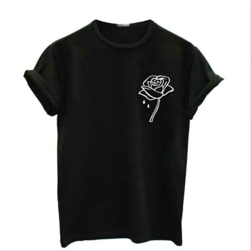 New Fashion Summer T-Shirt Womens Rose Sakura Print Casual Harajuku Hot Sale Red O Neck Women Tops Black/White/Red Tee Tops