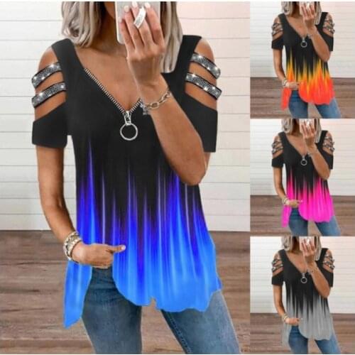 Summer Women Tshirt Sexy V-neck Zipper Pullover Tops Printed Short Sleeve Loose T-shirt Large Size Ladies Blouses Bluzki Damskie