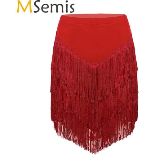 Women Latin Dance skirt Elastic Waist Fringe Tassels Asymmetric Latin Dance Skirt Built-in Shorts Tango Rumba Ballroom Skirts