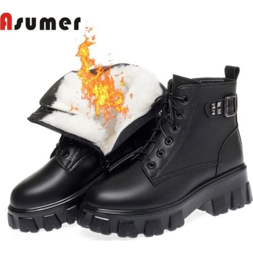 Asumer 2022 New Fashion Thick Bottom Ankle Boots Women Wool Snow Boots Genuine Leather Shoes Lace Up Winter Casual Shoes Lady