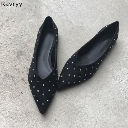 Woman shoes suede leather black flats Pointed Toe female dress shoes silver rivet decor V-shaped open design elegant party shoes