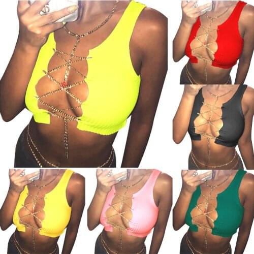 Sexy Women Sleeveless Adjustable Chain Hollow Out Cropped T-shirt Vest Brassiere Adjustable Hollow Out Vest