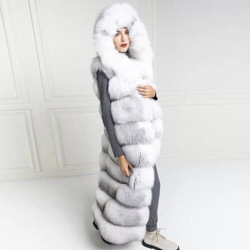 130cm Long Real Fox Fur Vest with Hood High Quality Natural Whole Skin Cross Fox Fur Vest Genuine Female Luxury Fur Overcoats