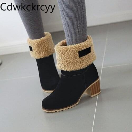 Winter The New fashion Round head Thick heel Martin boots black Plus velvet Keep warm High heel Women boots plush size 34-43