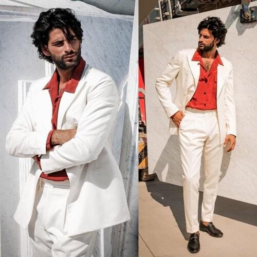 2021 White Best Man Wedding Tuxedos Handsome Two Button Peaked Lapel Groom Groomsmen Prom Party Blazer Jacket(jacket+pants)