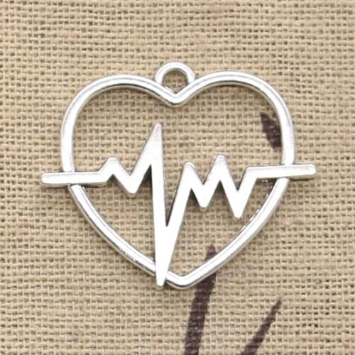 8pcs Charms Heart Heartbeat ECG 25x30mm Antique Silver Color Plated Pendants Making DIY Handmade Tibetan Finding Jewelry
