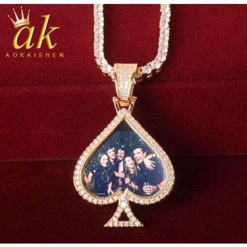 Solid Back Poker Heart Shape Memory Picture Pendant AAA Zircon Charm Mens Hip Hop Necklace Rock Jewelry