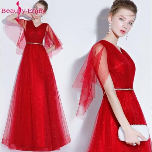 Beauty Emily Fashion Simple Long Red Blue Evening Dresses 2018 A-Line V-neck Short Sleeve Formal Party Girl Women Prom Dresses
