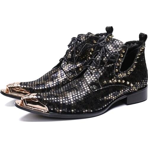 Genuine Leather Low heel zip lace-up ankle boots fashion rivet dress oxford pointed toe Martin boots big size 46