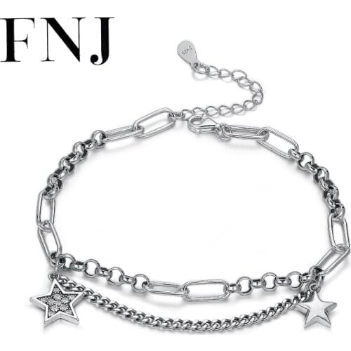 FNJ Star Charm Bracelet 925 Silver Vintage Original Pure S925 Silver Bracelets for Women Fine Jewelry 18cm+4cm