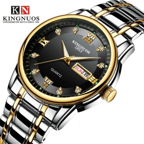 Kingnuos new fashion mens steel belt double calendar room gold watch waterproof luminous Roman numerals diamond business watch