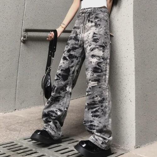 Spring And Autumn Plus Size Gray Loose Straight Fashion Jeans Womens High Waist And Thin Street Harajuku Tie-Dye Denim Pants