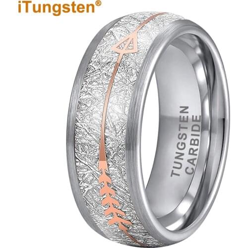 Men Women Wedding Band Tungsten Carbide Ring Brushed Finish With Imitated Meteorite And Rose Gold Arrow Inlay