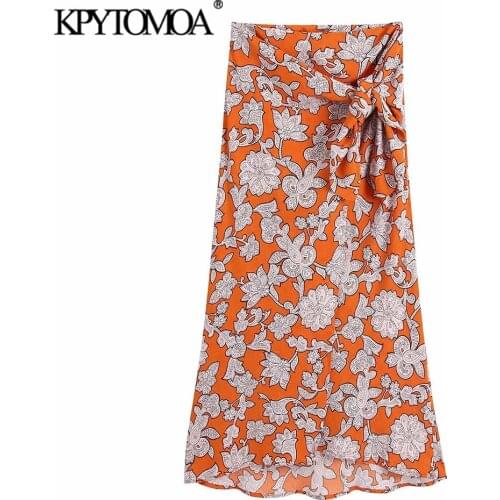 KPYTOMOA Women 2021 Fashion With Knot Totem Print Midi Skirt Vintage High Waist Front Slit Female Skirts Mujer