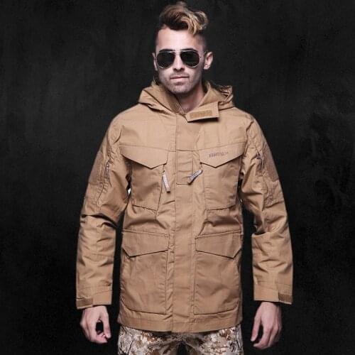 Airsoft Sand Brown Khaki Hooded Jacket Top Coat Windbreaker Zipper Summer Waterproof M65 Tactical Hiking Camping Trekking Male