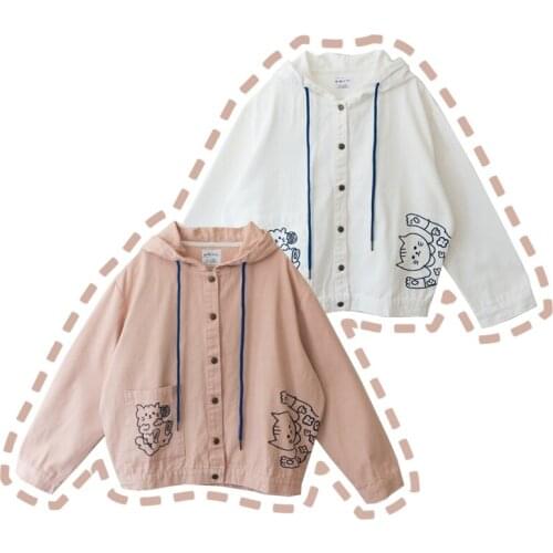 Double Cat Sweet Cute Womens Short Jacket Long Sleeve Cute Outwear Embroidery Kawaii Girls Spring Hooded Coat