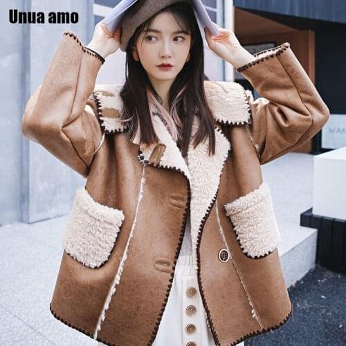 Unua amo Brand Women Winter Faux Fur Leather Jacket Lapel Thick Loose Outwear Fashion Hit Color Liner Warm Plush Coat Female