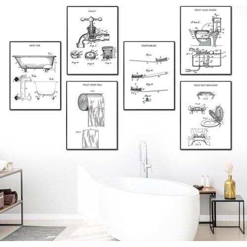 Toilet Paper Bathtub Faucet Toothbrush Wall Art Canvas Painting Nordic Posters And Prints Wall Pictures For Bathroom Home Decor