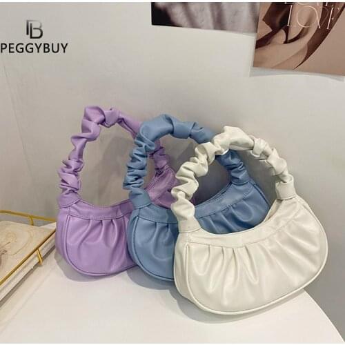 New Vintage Pleated PU Leather Fashion Shoulder Underarm Bags For Women Casual Solid Color Ladies Simple Small Shoulder Handbags