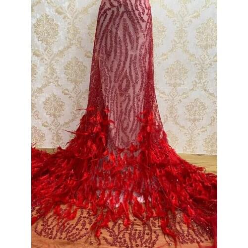 New Style African Lace Fabric with beads and feathers Embroidery S-518687 French Tulle Mesh Dress Nigeria