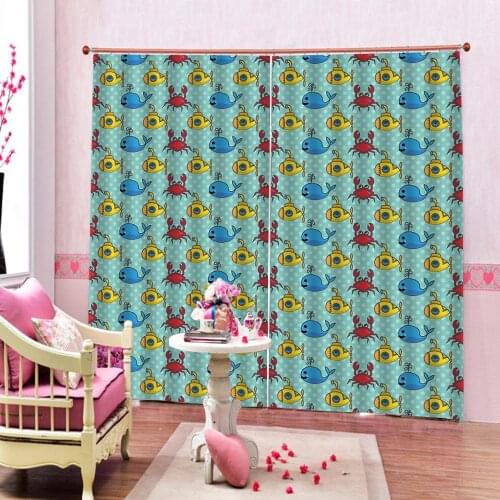 Custom Cartoon Cute Crabs dolphin Blackout Curtain For Living Room Bedroom Blue White Geometric Dots Window Drapes Sets