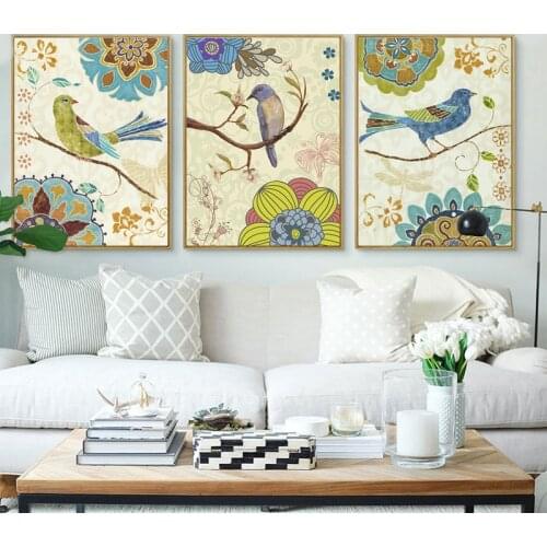 European Style Poster Jungle Bird Plant Flower Canvas Painting Rural Wall Art Colorful Print Pictures for Living Room Home Decor