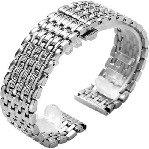 18mm 20mm 22mm Solid Stainless Steel Mens Womens Watch Band Silver Bracelet Replacement Wrist Strap Push-Button Hidden Clasp