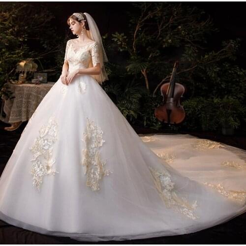 Vestido De Noiva 2021 New Plus Size Wedding Dress O Neck Half Sleeve Luxury Lace Embroidery Wedding Gowns With Train Bride Dress