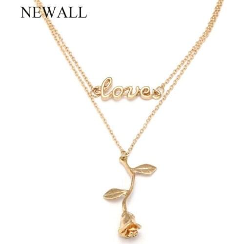 Vintage Multilayer Layer Rose Flower LOVE Letter Charm Pendant Necklace For Women Gold Necklace Collares Jewelry Bijoux Jewelry