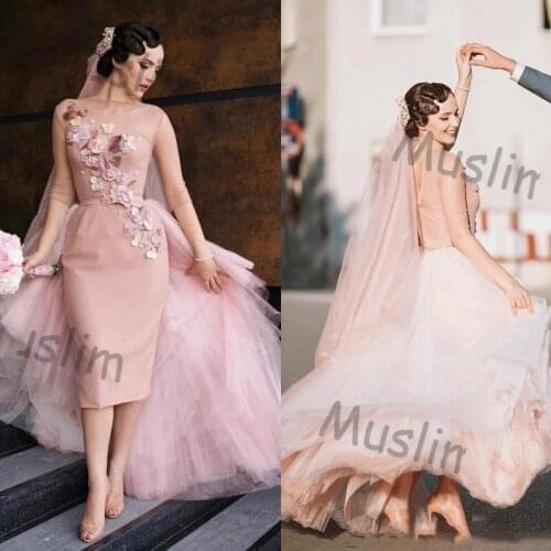 Overskirt Blush Pink Short Wedding Dress 2021Sheer Neck Half Sleeve 3D Floral Summer Beach Wedding Gown Cheap Backless Boho Midi