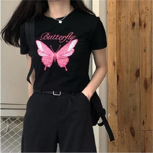New Fashion Woman T-shirt Butterfly Print Short Sleeve O Neck One Size T shirt Women Short Length T-shirts Women