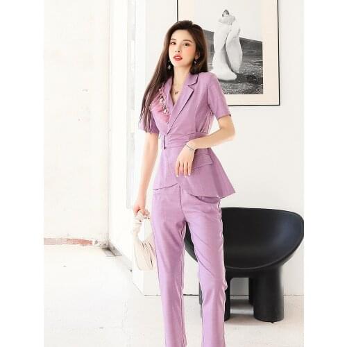 High Quality Blazer Sets 2021 Summer Casual Pant Sets Women Beading Deco Blazer Coats+Skinny Pants Suits Purple Green 2 pc Set