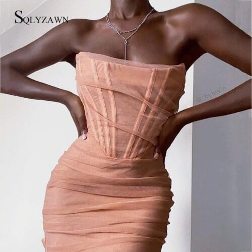 Strapless Bandages Dress Sexy Women Night Club Pink Mesh Patchwork Party Dress Backless Lining Bodycon Summer Dress Vestido 2020