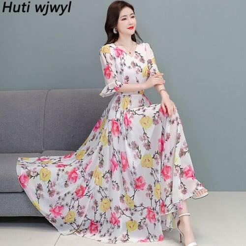 Summer Vintage Plus Size Casual Boho Beach Sundress Elegant Women Bodycon Party Vestidos 2021 Floral Chiffon Vacation Maxi Dress