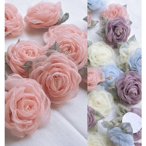 5PCS/lot Diameter 6.5CM Handmade DIY 3D Organza Flowers Camellia Brooch Flower Decorative Flower Accessories Applique RS3248