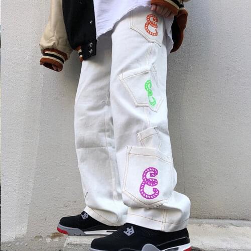 High street trend loose letter printing straight jeans men and women Harajuku street casual pocket oversize overalls pants