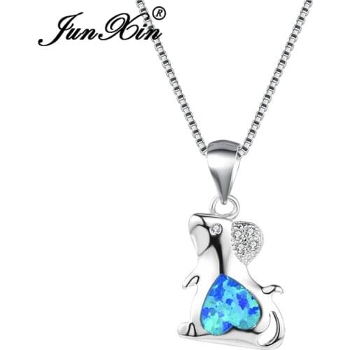JUNXIN Cute Rat Mouse Pendants Blue Fire Opal Necklaces For Women Silver Color Heart Rainbow Birthstone Choker CZ
